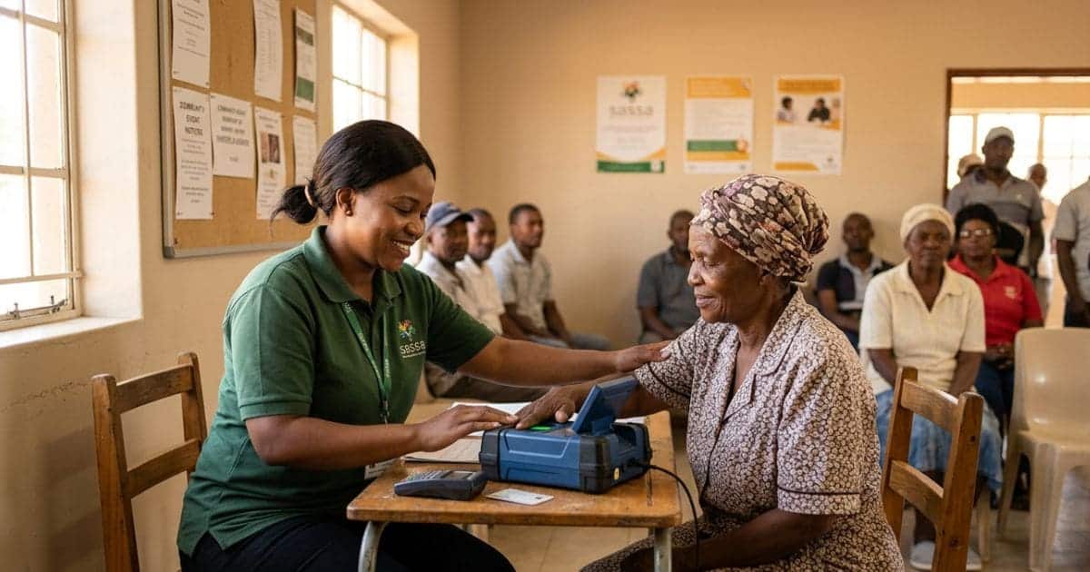 A SASSA official assists an elderly South African woman with biometric fingerprint verification at a local SASSA office