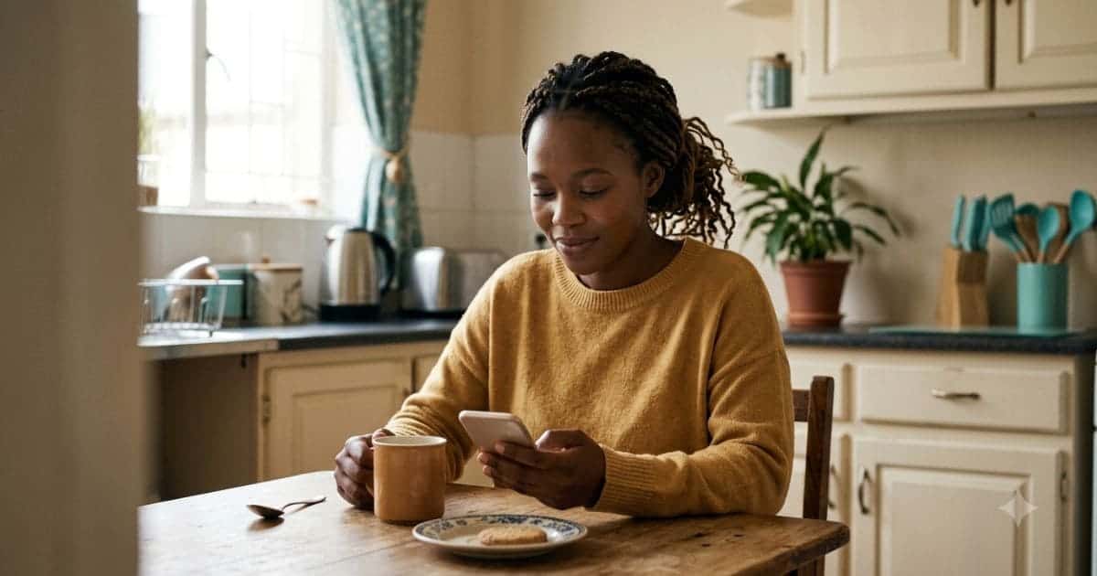 Woman in South Africa checking her personal loan application approval on her phone at home