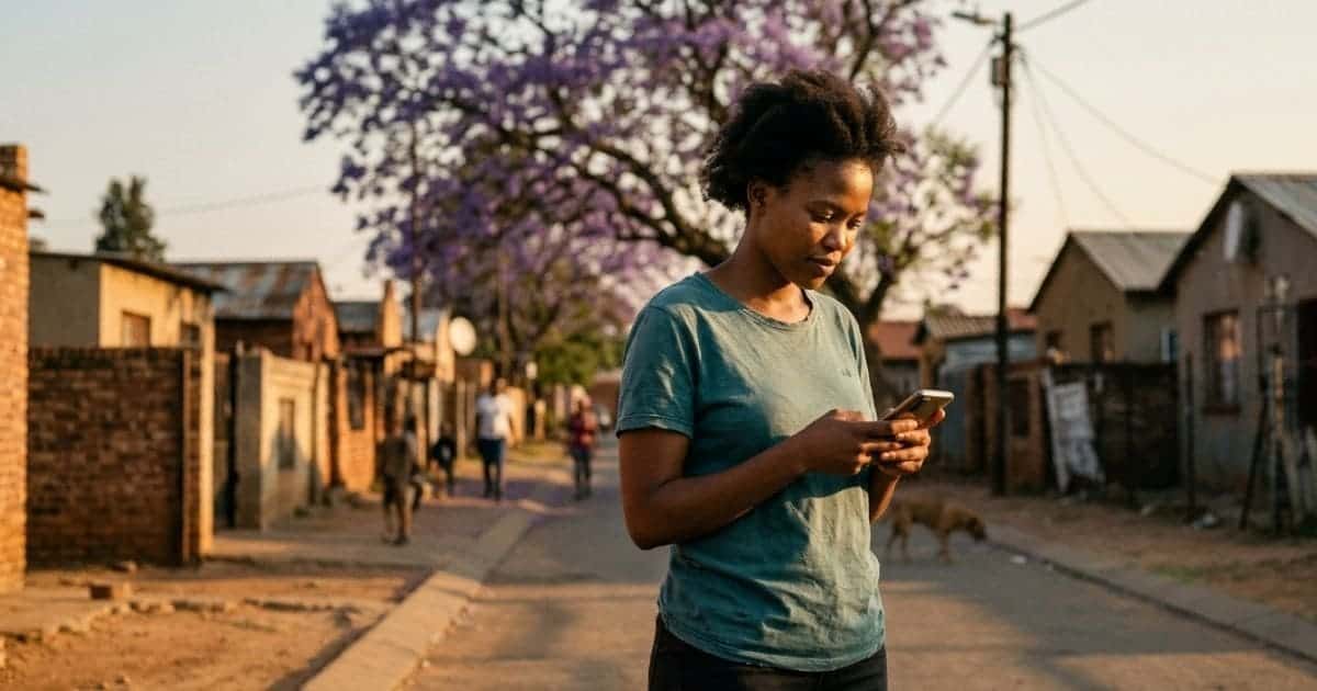 South African woman checking her phone for basic income grant news outside her Johannesburg home